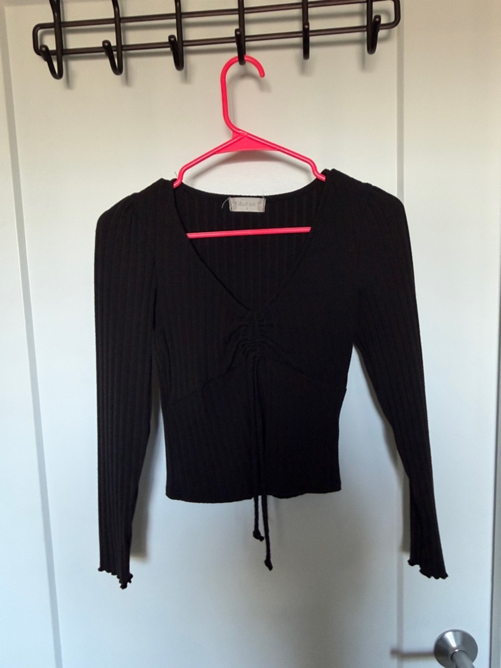 Altar'd State Black Ribbed V-Neck Long Sleeve Top with Drawstring
